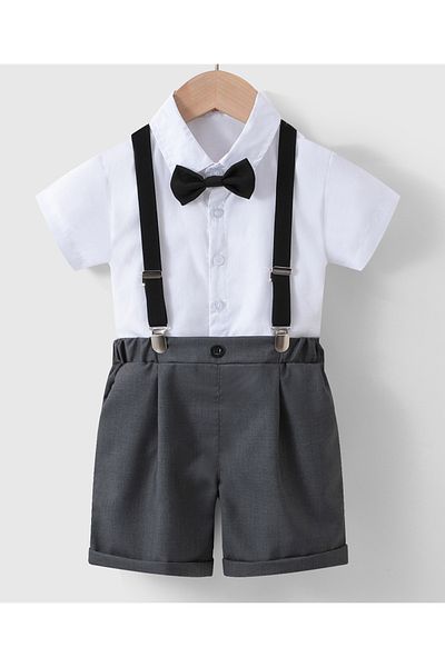 Kookie Kids Shirt with Bow and Pants with  Suspender Set - White & Grey