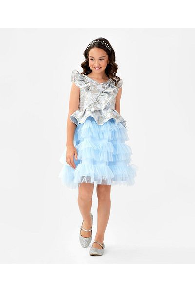 Kookie Kids Flower Frill Party Dress - Blue