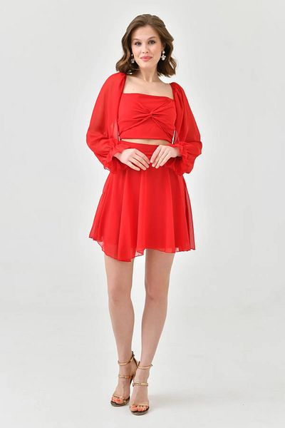 WOMAN VISION Női dizájn szoknya és felső megjelenésű bélelt sifon szövet egyrészes piros mini ruha 013