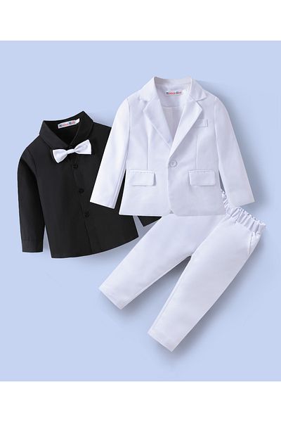 Kookie Kids 3 Piece Suit With Solid Shirt Blazer Trousers & Bow Tie - White
