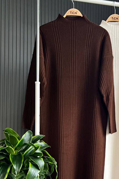 Bold Grup Γυναικείο Καφέ Πλεκτό Φόρεμα Πουλόβερ Half Fisherman Hijab Standard Size