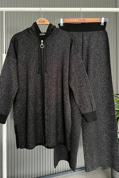 Bold Grup Μαύρο Glitter Knitwear Ζακέτα και Παντελόνι Σετ - Με κουκούλα, φερμουάρ