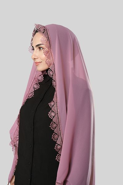 HÜRREM BONE Σάλι με μαντήλι προσευχής Dusty Rose με σιφόν κορδόνι 202106 _18