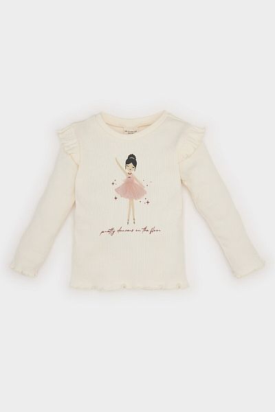 DeFacto Baby Girl Crew Neck Ballerina Printed Ribbed Camisole Long Sleeve T-Shirt D6265A524Wn