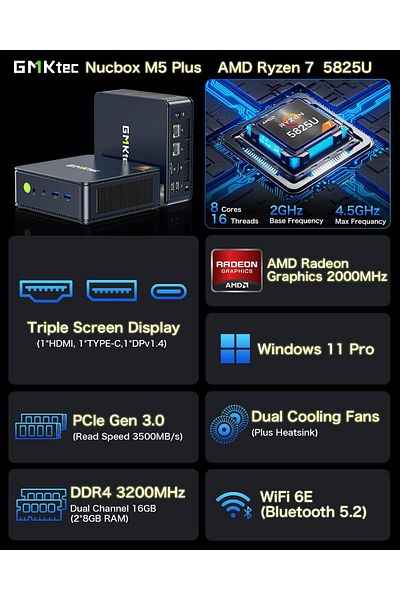 GMKtec NucBox M5 Plus Desktop Ultracompact Mini PC Gaming, Desktop Computer Windows 11 Pro, AMD Ryzen 7