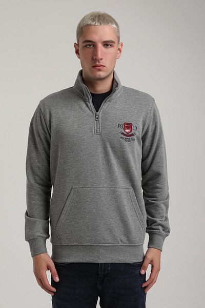 NEW WORLD POLO Stand Collar Gray Melange Slim Fit Sweatshirt 24Fwm60198