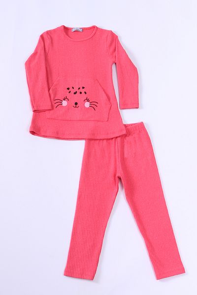 HÇM Girls - Solid Color Embroidered Knitwear Set with Kangaroo Pocket E24