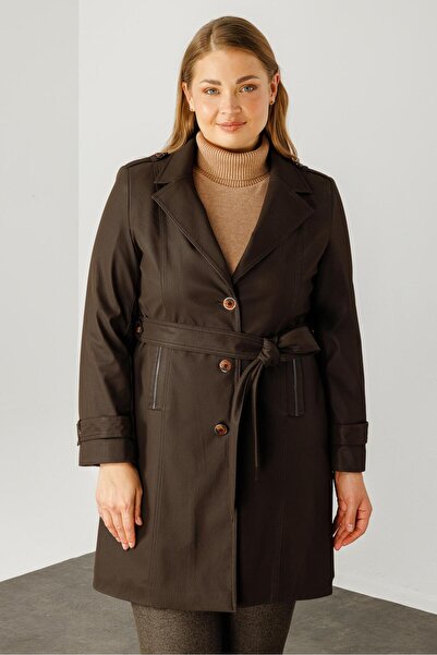 Moda İlgi Modailgi  Düğme Kapamalı Uzun Deri Trençkot Kahve