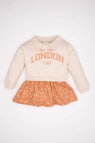 DeFacto Baby Girl Polo Neck Printed Skirt Floral Patterned Long Sleeve Sweatshirt Dress 3145510
