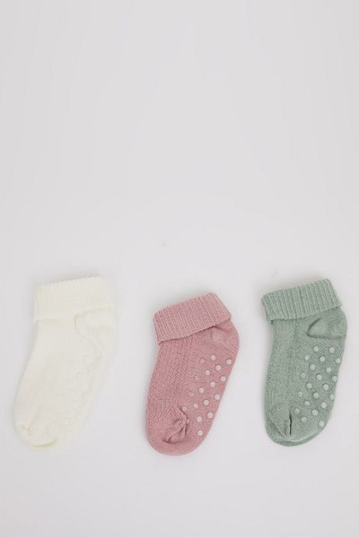 DeFacto Baby Girl Non-Slip Sole 3-Piece Cotton Long Socks D2503A5Ns