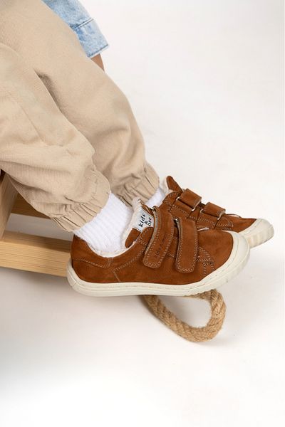 kids A more Pearl Double Velcro Leather Fur Lined Unisex Shoes Cinnamon