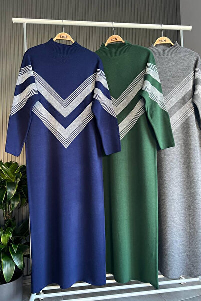 Bold Grup Γυναικείο Μπλε Τυπικό Μέγεθος Με Λαμπερή Μεταλλική Ριγέ Oversize Πλεκτό Φόρεμα