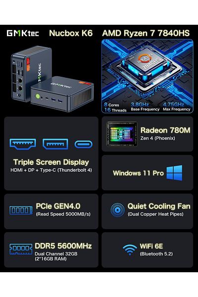 GMKtec NucBox K6 Desktop Ultracompact Mini PC Gaming, Windows 11 Pro,  AMD Ryzen 7 32GB +1TB SSD
