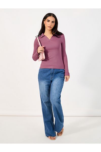 Styli Ribbed Fitted Polo T-Shirt with Long Sleeves