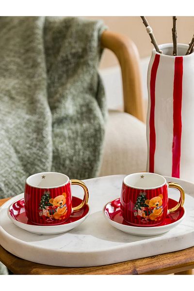 buHillco Red Bear Teddy Printed 2-Person Coffee Cup Set 90 ml