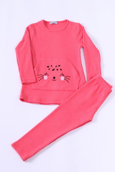 HÇM Girls - Solid Color Embroidered Knitwear Set with Kangaroo Pocket E24