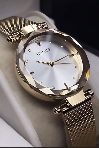 Homies Women Wrist Watch Cutout Glass Waterproof Gold Color Steel Band Hmby2017C1