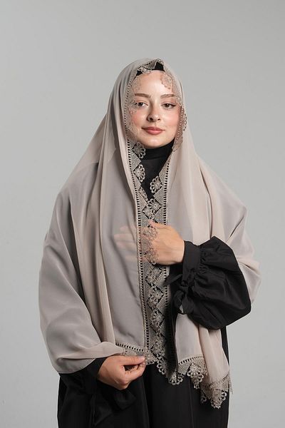 HÜRREM BONE Beige Prayer Headscarf Shawl Chiffon Fabric Laced 202106_12