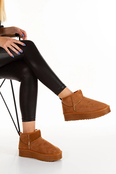 diya shoes Tan Suede Mini Ankle Boots - Furry Inside Flat Sole Women's Shoes