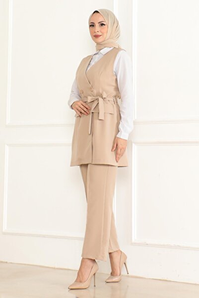 Modamihram Μπεζ Διπλό Σετ - Ζώνη Λεπτομερές, Μοντέλο 19232