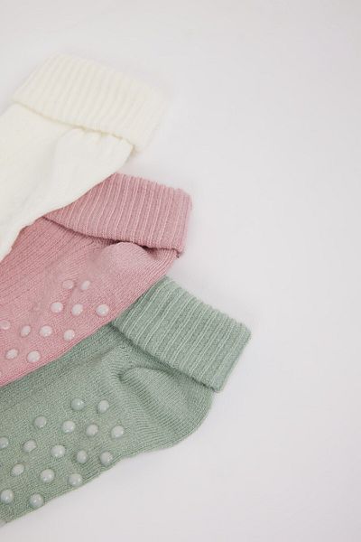 DeFacto Baby Girl Non-Slip Sole 3-Piece Cotton Long Socks D2503A5Ns
