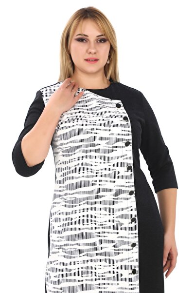 etselements Evening Dress with Print Crew Neck and Button Detail - 7071