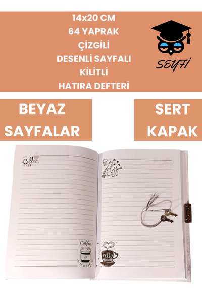 SEYFİKİRTASİYE 14x20 CM 64 YAPRAK ÇİZGİLİ DESENLİ SAYFALI KİLİTLİ HATIRA DEFTERİ GÜNLÜK KAHVE SERİ COFFEE NOTEBOOK