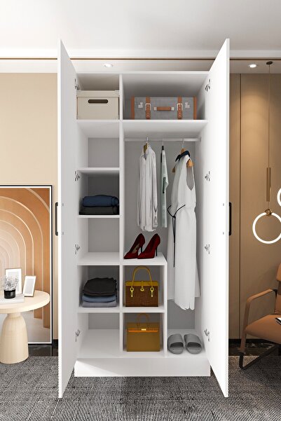 Mercie KAPAKLI 100 Cm'lik 10 Bölmeli Raflı Askılıklı Giyinme Dolap-beyaz