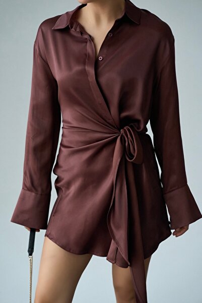 Lupies Kadın Bordo Düğmeli Bağlama Detaylı Saten Elbise