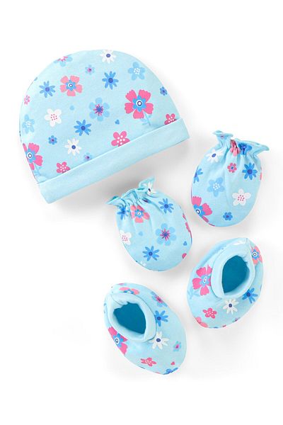 Babyhug 100% Cotton Cap Mittens & Booties Set Floral Print- Blue