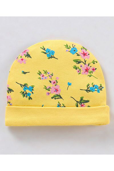 Babyhug 100% Cotton Cap Mittens And Booties Floral Print Yellow - Diameter 10.5 cm