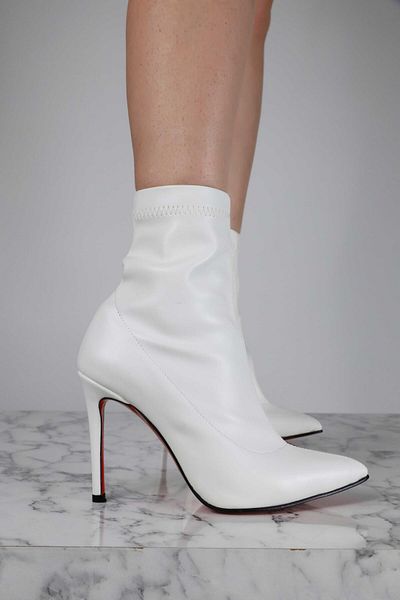 Sibel Durmaz Linda White Stretch Leather Pointed Toe Boots