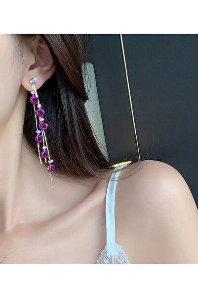 ER TAKI Taşlı Gold Renkli Mor Gül Detaylı Uzun Sallantılı Şık Püskül Nişan Kına Düğün Abiye Küpe