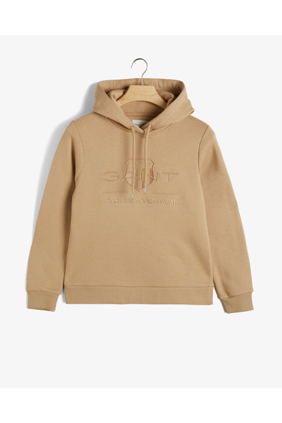 Gant Kadın Bej Regular Fit Kapüşonlu Logolu Sweatshirt