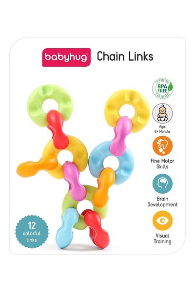 Babyhug Babyhug C Shaped Chain Links Set, 12 Pieces Educational Toy for Motor Skills, 6M+, 6x5.5cm Each