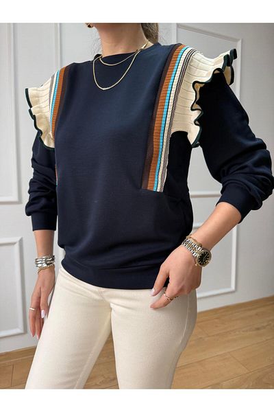 Size Özgü Navy Blue Knitwear Detailed Sweatshirt
