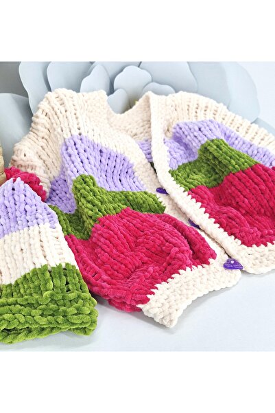 Evitle El Örgüsü Kadife Salaş Crop Kız Çocuk Hırka