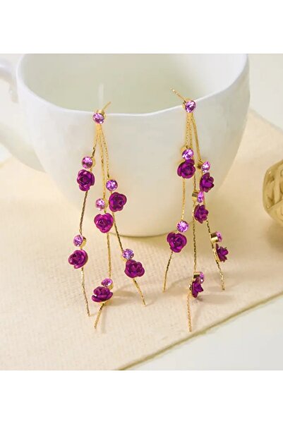 ER TAKI Taşlı Gold Renkli Mor Gül Detaylı Uzun Sallantılı Şık Püskül Nişan Kına Düğün Abiye Küpe