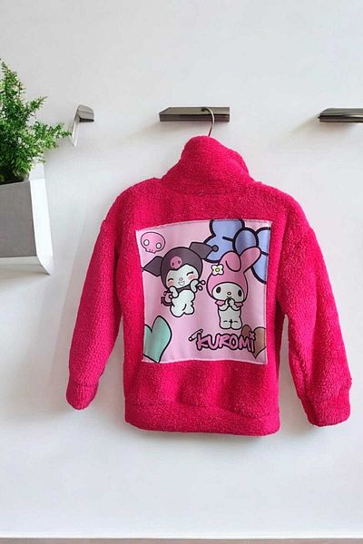 Urz Kids Pink Girl's Kuromi Themed Plush Coat Girl's Plush Cardigan