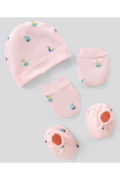Bonfino 100% Cotton Knit Cap Mittens & Booties Set Boat Print - Pink