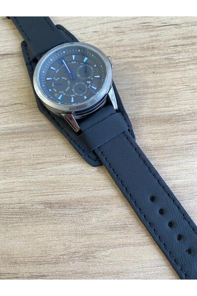 Prizma 20mm Düz Siyah Alttan Derili El Yapımı Siyah Deri Saat Kordonu. Gerçek Deri