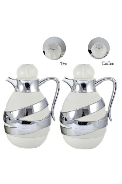 AVCI HOME MAKER طقم قارورة شاي وقهوة مكون من قطعتين سعة 1 لتر و1 لتر - أبيض وفضي