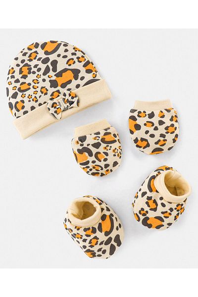 Bonfino 100% Cotton Leopard Print Cap Mittens & Booties Beige - Diameter 12 cm
