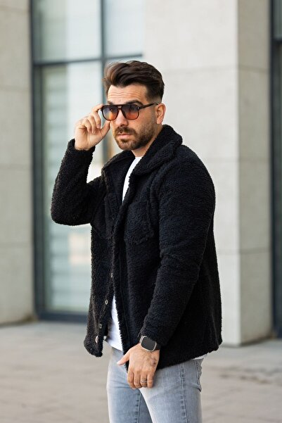 Know Férfi fekete inggallér mellkasi zseb részletes gombos polár dzseki