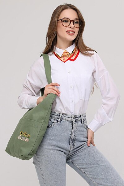Çınar Bez Çanta 3 Cepli Ayçiçekli Kafalar Baskılı Mint Yeşili Gabardin Çanta