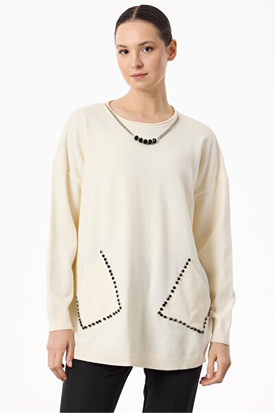 Tığ Triko Cepleri Taşlı Kolye Detaylı Triko Tunik EKRU