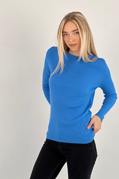 Miss Poem Women's Crew Neck Long Sleeve Winter Blue Knitwear Sweater
