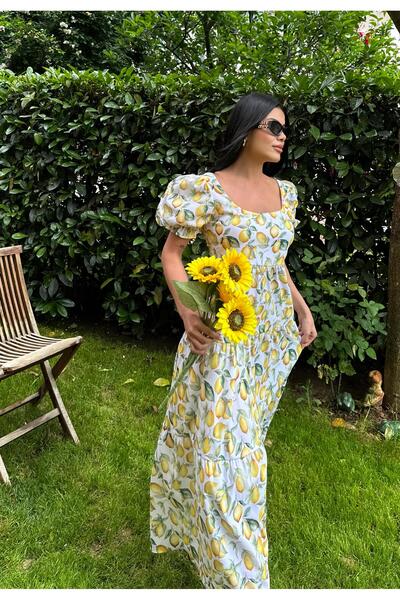 Angel Mia Φόρεμα με τετράγωνο λαιμόκοψη με κίτρινο σχέδιο