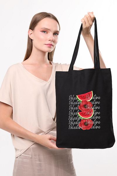 Çınar Bez Çanta Palestine Poppy Printed Black Canvas Bag