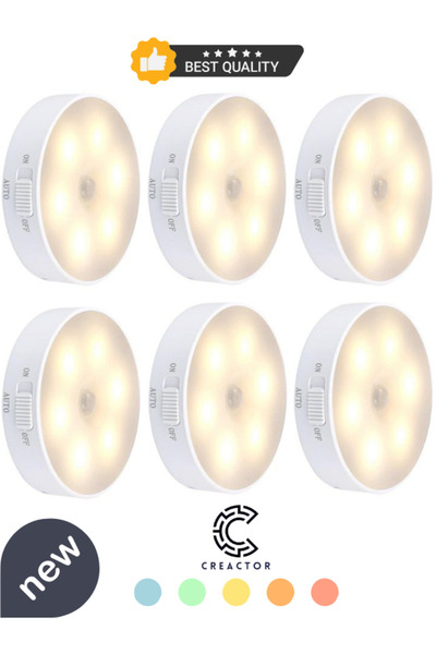 CREACTOR 6 Adet Hareket Sensörlü 8 Ledli Usb Şarjlı Beyaz Led Işık On/auto/of...